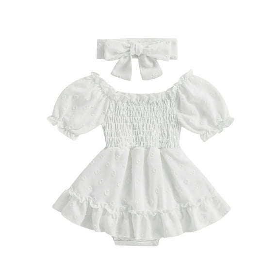 Infant Baby Girls Romper Dress Dot Pattern Elastic Boat-Neck Short Sleeve Ruched Jumpsuits Skirts Hem Bodysuits with Headband