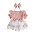 thumbnail image 1 of Infant Baby Girls Romper Dress Flower Embroidery Tulle Patchwork Short Sleeve Round Neck Ruffled Jumpsuit with Bow Headband, 1 of 9