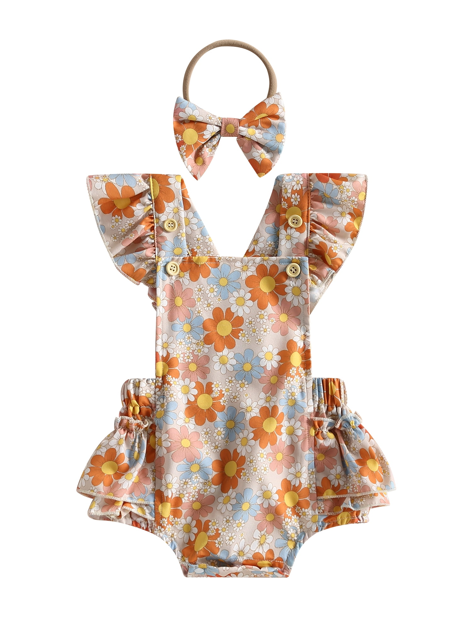 Infant Baby Girls Romper Dress Flower Print Bodysuits with Headband