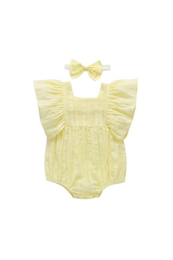 Infant Baby Girls Romper Jumpsuit Floral Print Pleated Solid Color Short Puff Sleeve Summer Trendy Newborn Onesie with Headband Yellow,3-6 Months