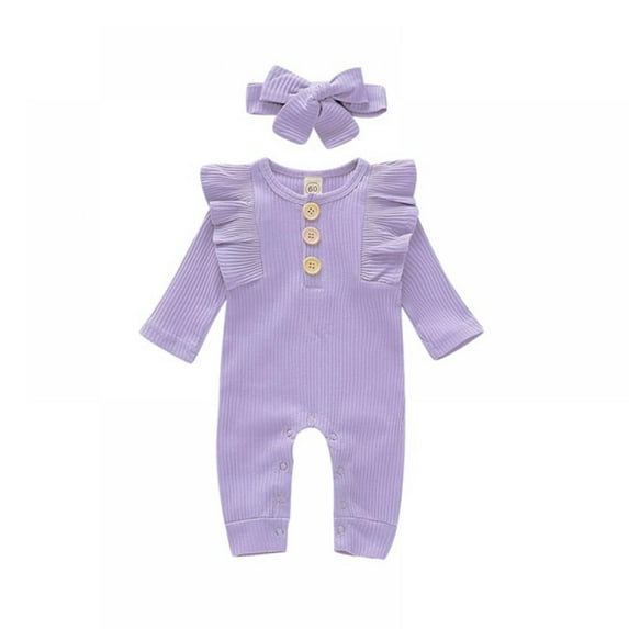 Infant Baby Girls Romper Long Sleeve Knit Button One Piece Jumpsuit With Headband