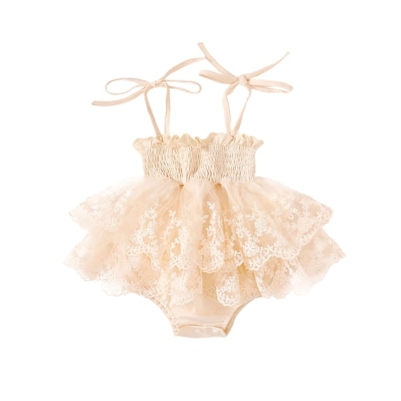 Infant Baby Girls Romper Sleeveless Shirred Layered Hem Elastic Leg Lace Flower Embroidery Tie Up Jumpsuit