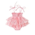 thumbnail image 1 of Infant Baby Girls Romper Sleeveless Shirred Layered Hem Elastic Leg Lace Flower Embroidery Tie Up Jumpsuit, 1 of 9