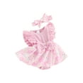 thumbnail image 1 of Infant Baby Girls Rompers Dress Daisy Rabbit Print Fly Sleeve Round Neck Bowknot Easter Bodysuits with Headband, 1 of 7