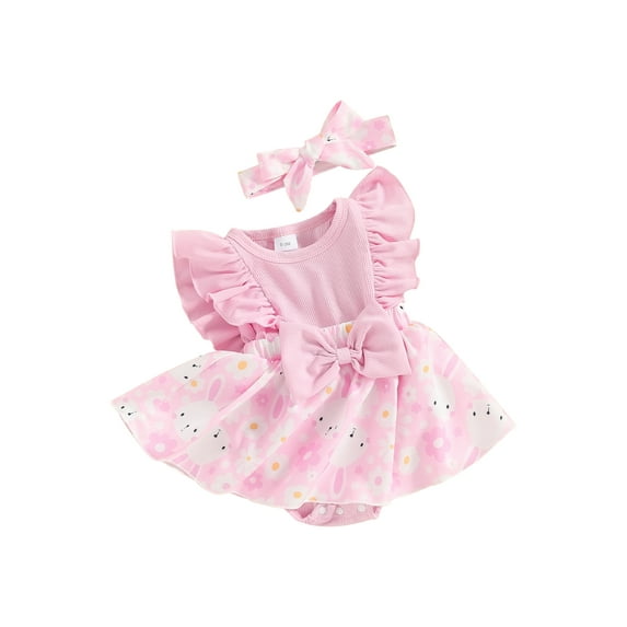 Infant Baby Girls Rompers Dress Daisy Rabbit Print Fly Sleeve Round Neck Bowknot Easter Bodysuits with Headband