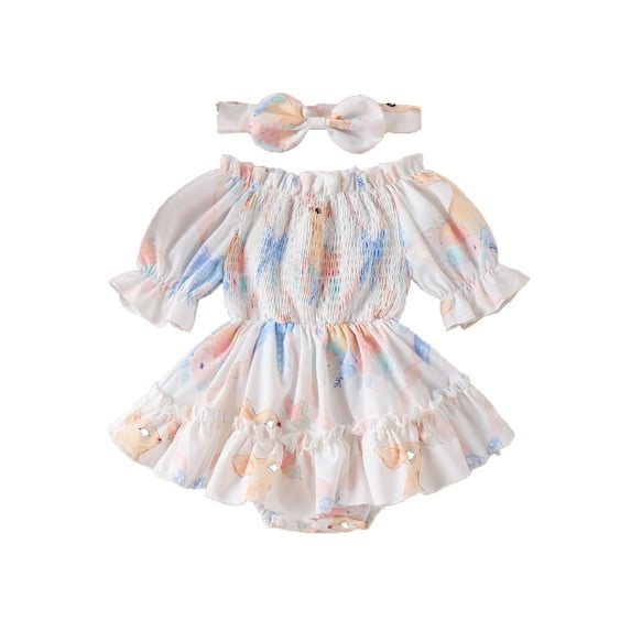 Infant Baby Girls Rompers Dress Rabbit Print Short Sleeve Boat Neck Ruched Skirt Hem Infant Bodysuits Easter Clothes with Headband