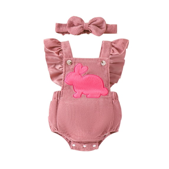 Infant Baby Girls Rompers Rabbit Embroidery Fly Sleeve Bodysuits Summer Easter Jumpsuits with Headband