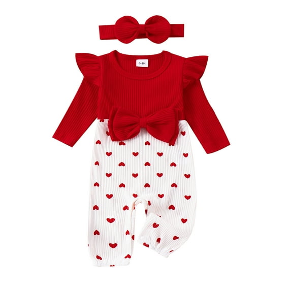 Infant Baby Girls Rompers Valentine's Day Heart Print Rib Knit Long Sleeve Jumpsuits Bodysuits with Headband