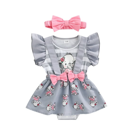 Infant Baby Girls Ruffle Romper Fly Sleeve Cartoon Elephant Stripe Printed Bodysuit with Headband