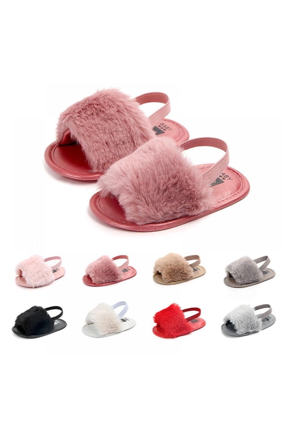 Infant Baby Girls Sandals Elastic Back Strap Flats Slippers Soft Toddles Princess Shoes Faux Fur Slides Shoes First Walker House Shoes 0-18 Months