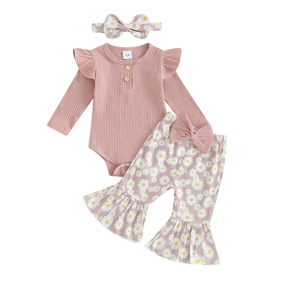 Infant Baby Girls Sping Fall Outfits Long Sleeve Ribbed Romper Daisy Elastic Flared Pants Headband 3Pcs Clothes Set