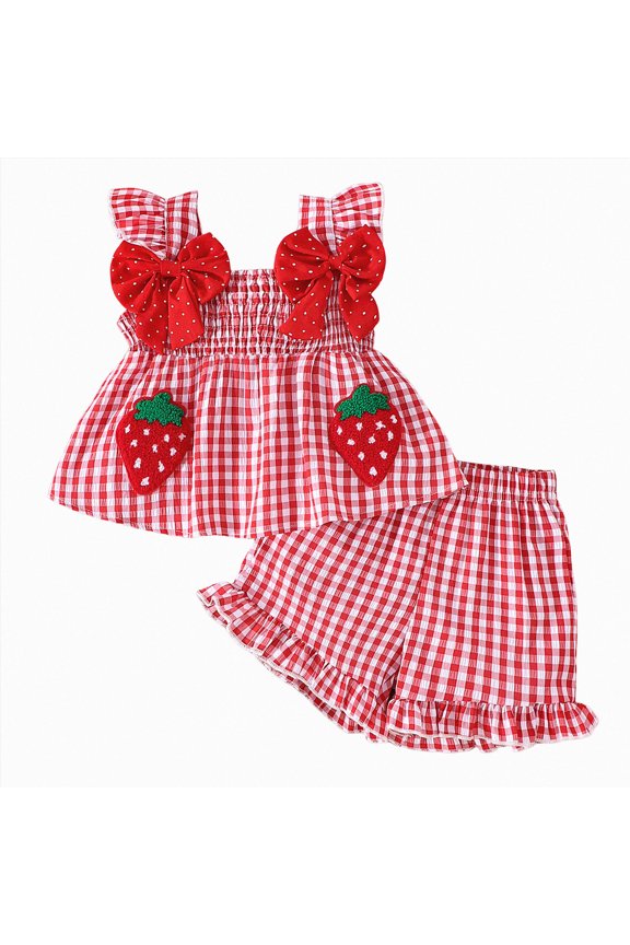 Infant Baby Girls Summer 2 Piece Outfits Red Plaid Strawberry Embroidery Cami Shorts Set Red 3Y
