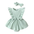 thumbnail image 1 of Infant Baby Girls Summer 2Pcs Outfit Solid Ribbed Ruffled Sleeveless Bow Romper Dress with Headband, 1 of 9