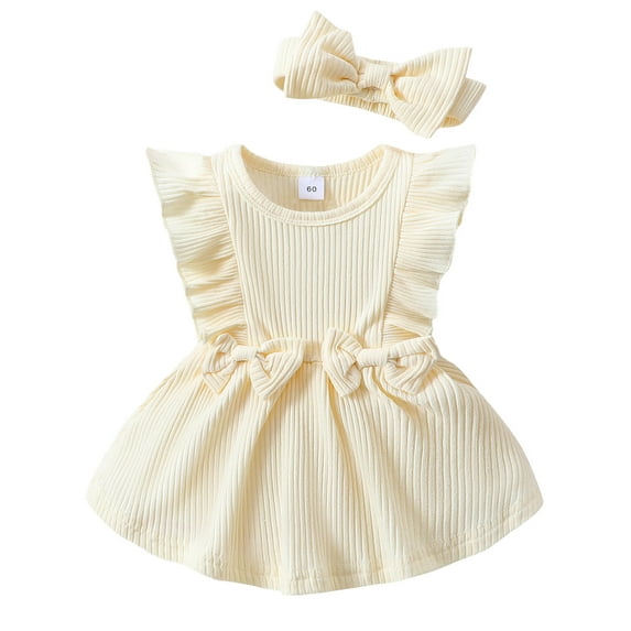 Infant Baby Girls Summer 2Pcs Outfit Solid Ribbed Ruffled Sleeveless Bow Romper Dress with Headband