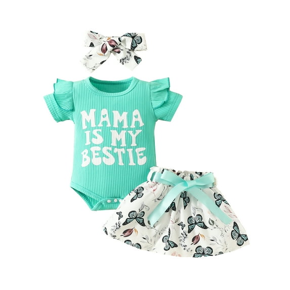 Infant Baby Girls Summer Cute Outfit Letter Print Short Sleeve Rompers and Butterfly Print Skirt Headband Set