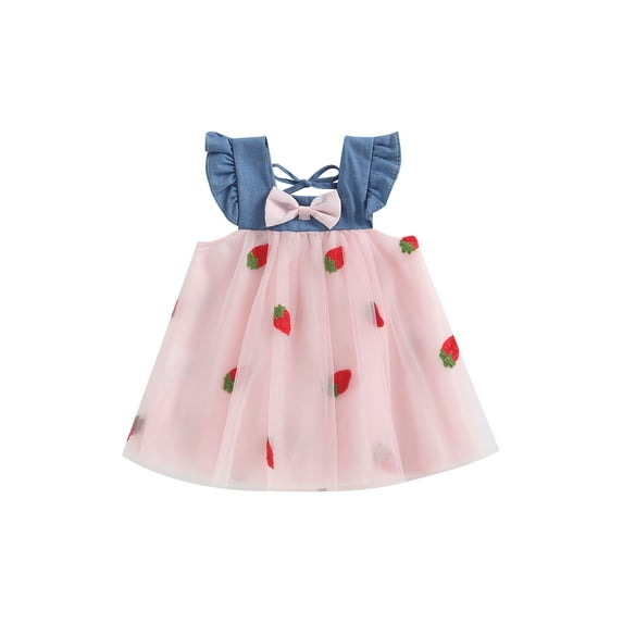 Infant Baby Girls Summer Dress, Fly Sleeve Square Neck Strawberry Embroidery Tulle Dress
