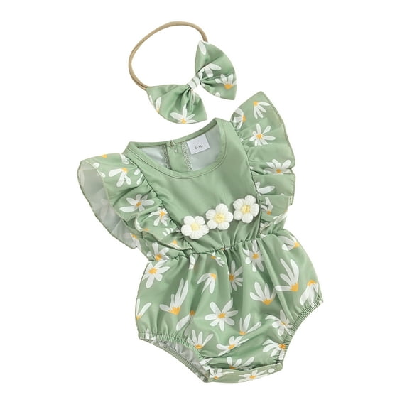 Infant Baby Girls Summer Jumpsuit Daisy Print Ruffles Romper and Headband Set