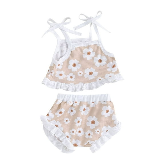 Infant Baby Girls Summer Outfit Floral Print Tie-Up Straps Sleeveless Tank Tops Elastic Waist Shorts Set