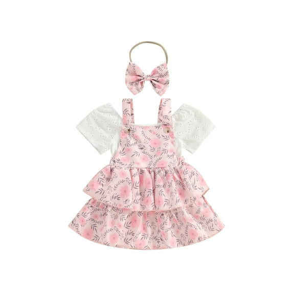 Infant Baby Girls Summer Outfit Off-Shoulder Rompers and Floral Ruffle Dress Headband Set