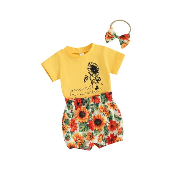 Infant Baby Girls Summer Outfits Letter Print Short Sleeve T-Shirts Tops Sunflower Print Shorts Headband Set