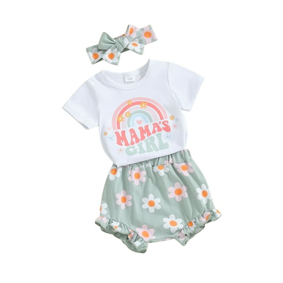 Infant Baby Girls Summer Outfits Letter Rainbow Print Short Sleeve Rompers Flower Print Shorts Headband Set