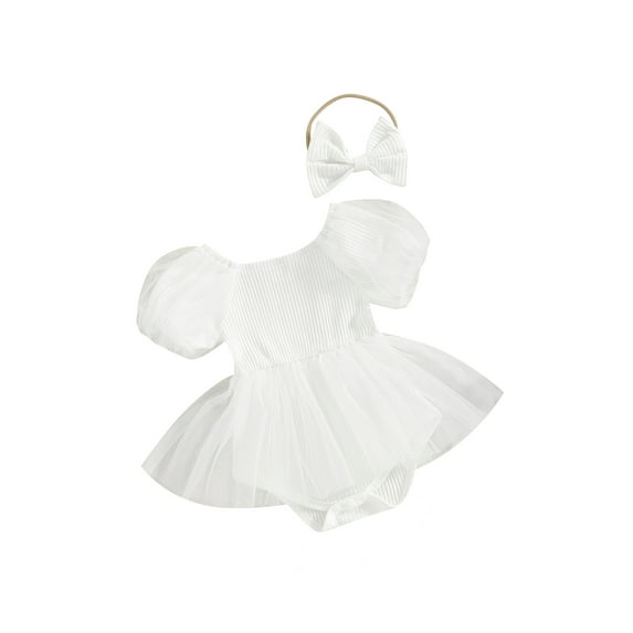 Infant Baby Girls Summer Romper Dress Short Puff Sleeve Tulle Patchwork Romper with Headband