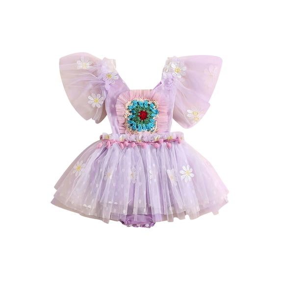 Infant Baby Girls Summer Romper Dress, Sweet Fly Sleeve Flower Tie-up Tulle Bodysuit