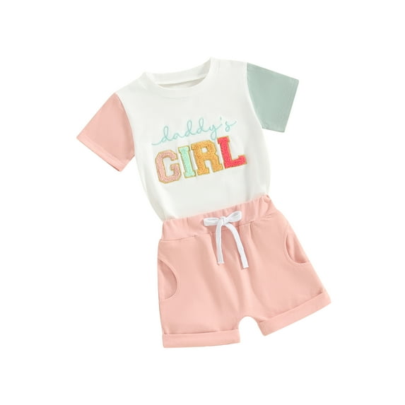 Infant Baby Girls Summer Shorts Set, Short Sleeve Embroidery Letters T-shirt with Shorts Outfit