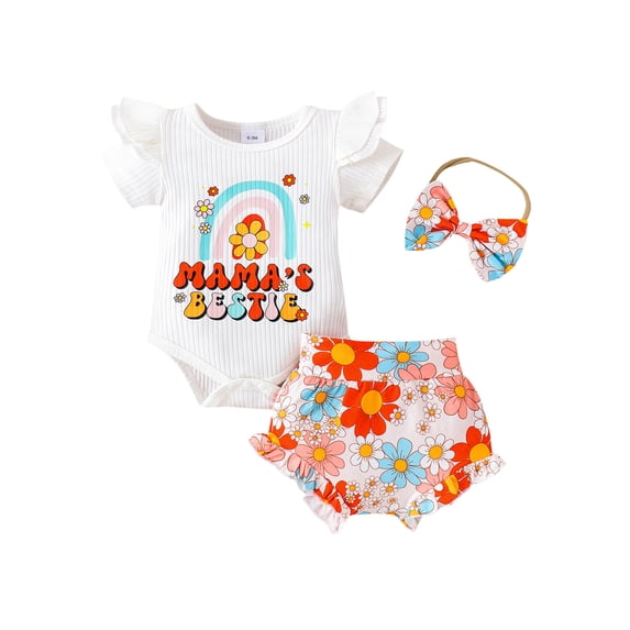 Infant Baby Girls Summer Shorts Sets Short Sleeve Letter Rainbow Print Romper Floral Shorts Headband