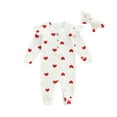 thumbnail image 1 of Infant Baby Girls Two-piece Clothes Set 3M 6M 12M 18M Heart Print Long Sleeve Crew Neck Romper and Bow Knot Headdress, 1 of 10