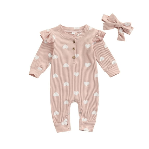 Infant Baby Girls Two-piece Clothes Set 3M 6M 12M 18M Heart Print Long Sleeve Crew Neck Romper and Bow Knot Headdress
