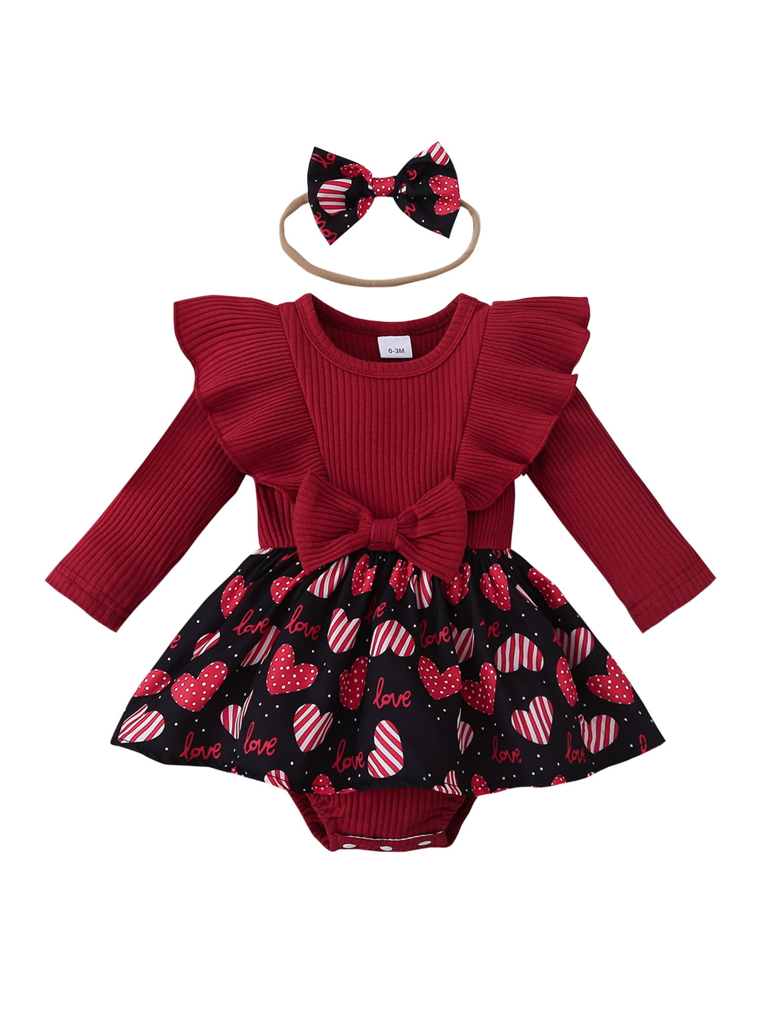 Infant Baby Girls Valentine's Day Outfits Heart Print Ribbed Long