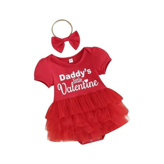 Infant Baby Girls Valentine's Day Outfits Short Sleeve Heart Letter Print Romper Dress with Headband Set