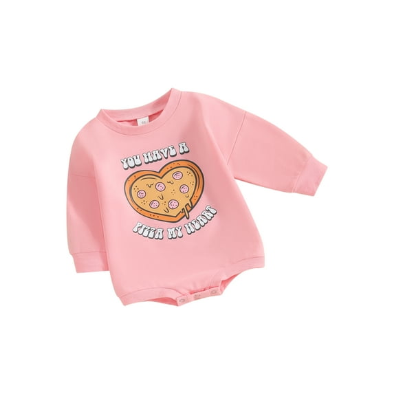 Infant Baby Girls Valentines Day Romper Cute Pizza Print Long Sleeve Round Neck Bodysuit