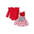 thumbnail image 1 of Infant Baby Girls Valentine's Day Sets Red Long Sleeve Ruffle Romper Tops Heart Print Suspender Skirt Sets, 1 of 9