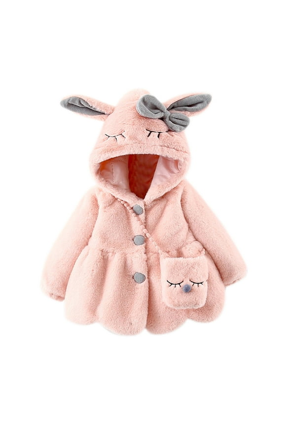 Infant Baby Girls Winter Coat Faux Fu Fleece Jacket Bunny Ear Hooded Coat with Bag Thick Button up Bubble Jacket