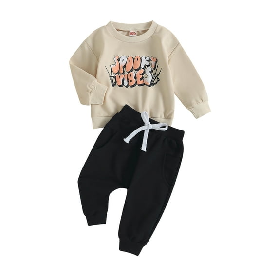 Infant Baby Halloween 2Pcs Outfit Letter Skeleton Print Long Sleeve Crewneck Tops Sweatshirt Long Pants Set