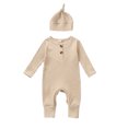 thumbnail image 1 of Infant Baby Jumpsuit and Hat Set, 3 6 12 18M Solid Knit Ribbed Long Sleeve Crew Neck Button Romper One-Piece Clothes, 1 of 10