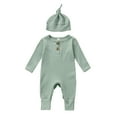 thumbnail image 1 of Infant Baby Jumpsuit and Hat Set, 3 6 12 18M Solid Knit Ribbed Long Sleeve Crew Neck Button Romper One-Piece Clothes, 1 of 10