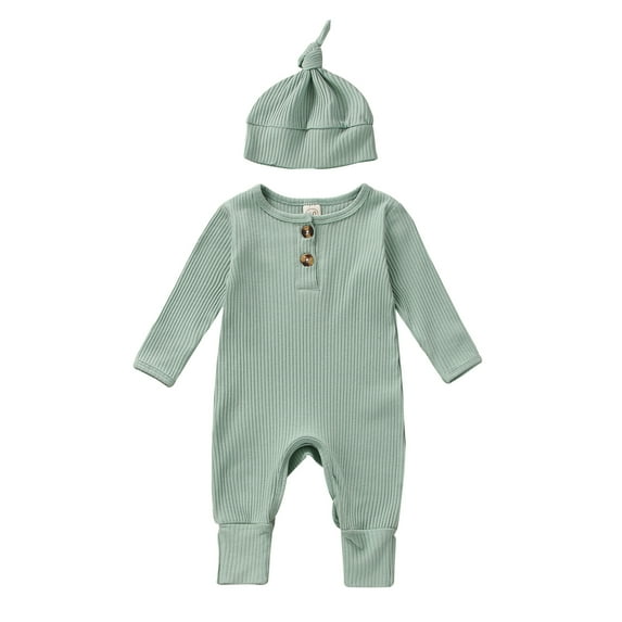 Infant Baby Jumpsuit and Hat Set, 3 6 12 18M Solid Knit Ribbed Long Sleeve Crew Neck Button Romper One-Piece Clothes