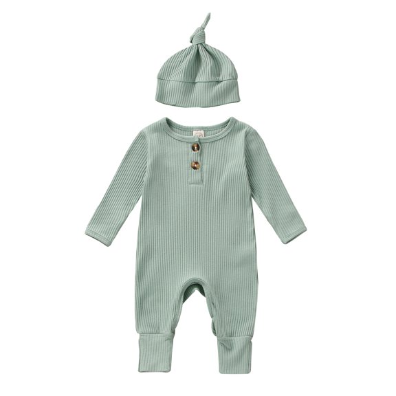 Infant Baby Jumpsuit and Hat Set, 3 6 12 18M Solid Knit Ribbed Long Sleeve Crew Neck Button Romper One-Piece Clothes