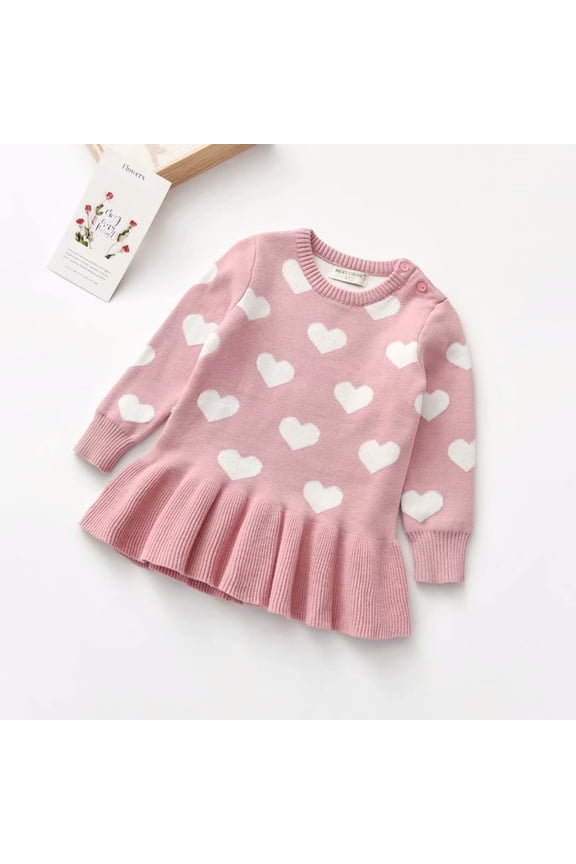 Infant Baby Kids Girls Knit Heart Print Ruffle Dress Princess Dress Casual Dresses Mini Dress