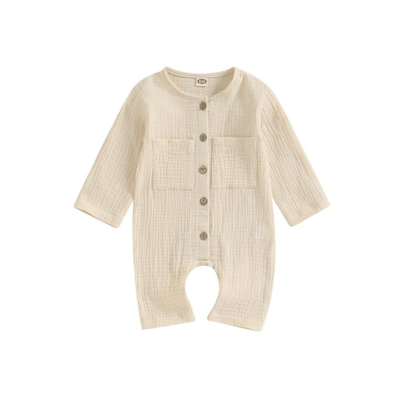 Infant Baby Long Sleeve Rompers Solid Color Button Jumpsuit with Pockets