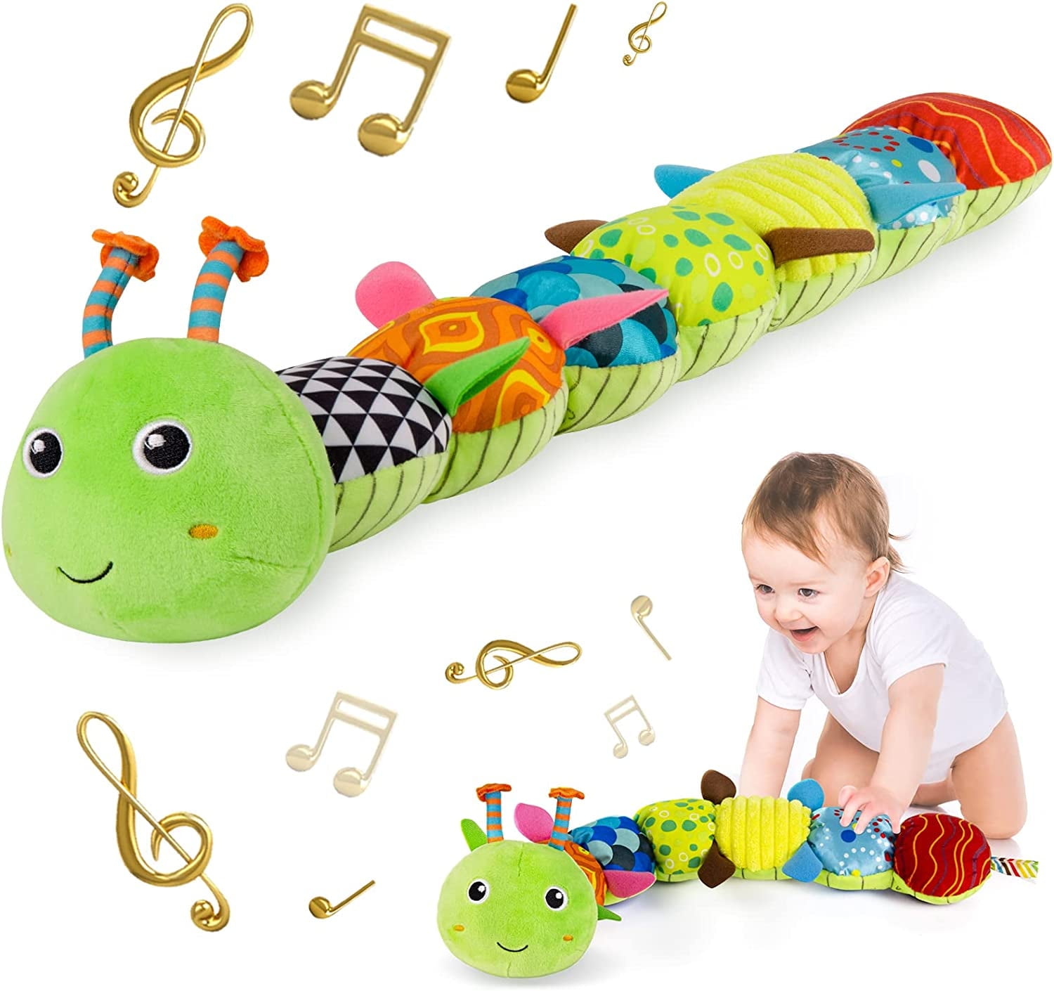 Infant Baby Musical Stuffed Animal Activity Soft Toys with Multi-Sensory Crinkle, Rattle and Textures, for Tummy Time Newborn 0-3-6-12 Months Boys, Girls, Caterpillar,Pink