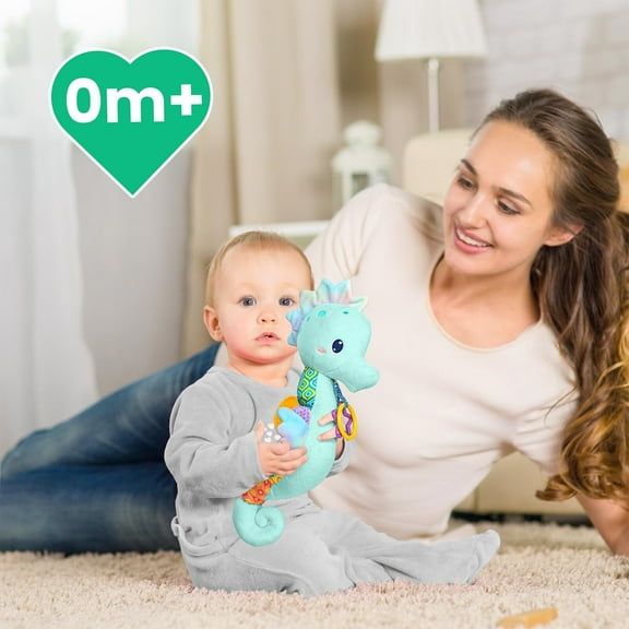 Infant Baby Musical Stuffed Animal Activity Soft Toys with Multi-Sensory Crinkle, Rattle and Textures, for Tummy Time Newborn 0-3-6-12 Months Boys, Girls, Seahorses,