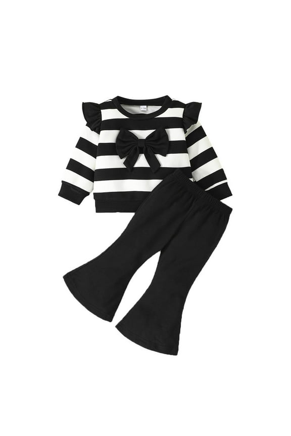 Baby Outfits for Girls Sets Stripe Bow Top With Flare Pants Casual Daily Outdoor Party Travel Spring Winter Fall Girls Clothes Black Size 6-9 Months