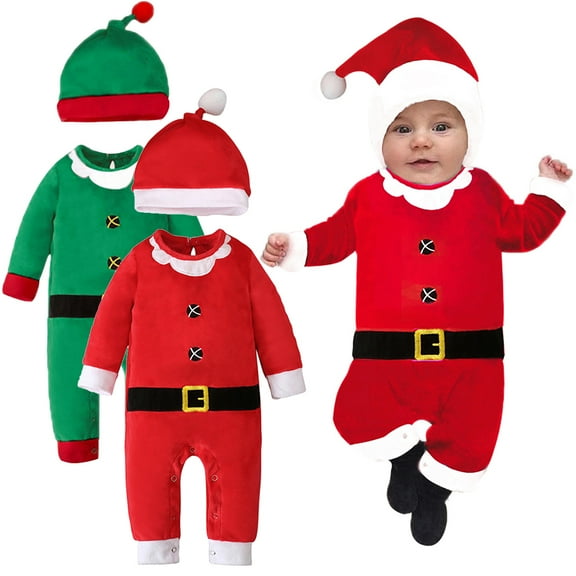 Infant Baby Santa Claus Outfits Toddler Boys Girls Velvet Romper Bodysuit Cosplay Christmas Costumes with Xmas Hat 0-6 Months