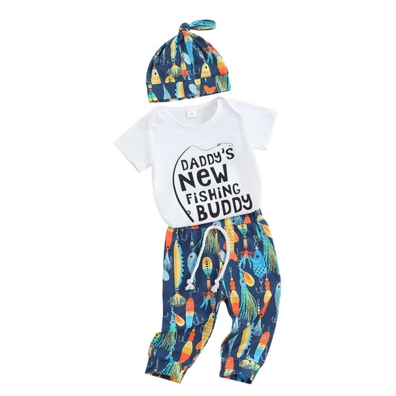 Infant Baby Summer Clothes Set Letter Print Short Sleeve Jumpsuit and Casual Pants Beanies Hat Outfits for Toddler Boy Girl