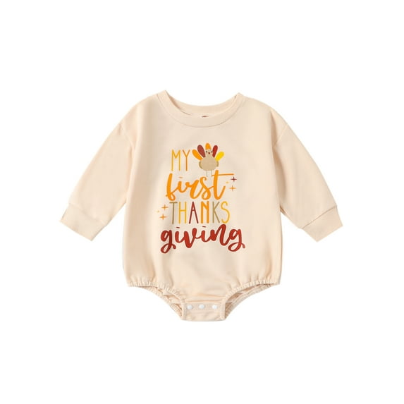 Infant Baby Thanksgiving Sweatshirt Jumpsuit Cartoon LetterTurkey Print Round Neck Long Sleeve Romper