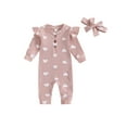thumbnail image 1 of Infant Baby Toddler Girls Romper, 0 3 6 12 18 Months Heart Print Long Sleeve Crew Neck Jumpsuit and Bow Knot Headdress, 1 of 1